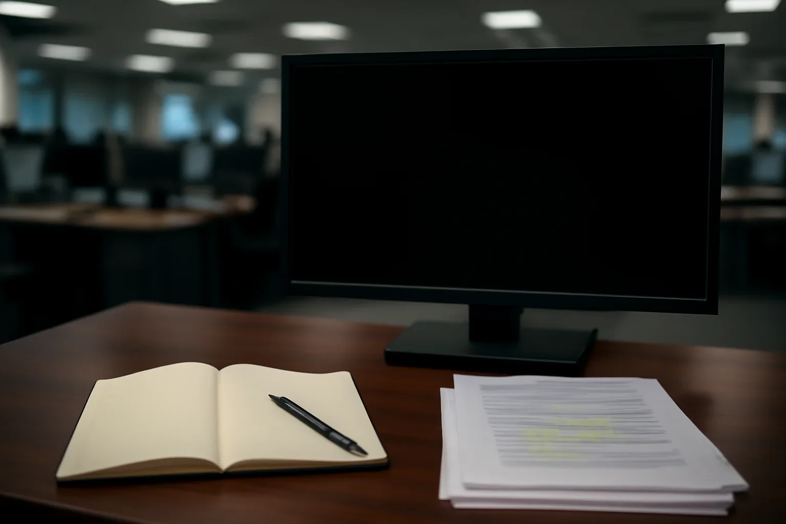 Notebook, marked documents, and a quiet newsroom monitor arranged for a feature on why some war crimes cases move so slowly
