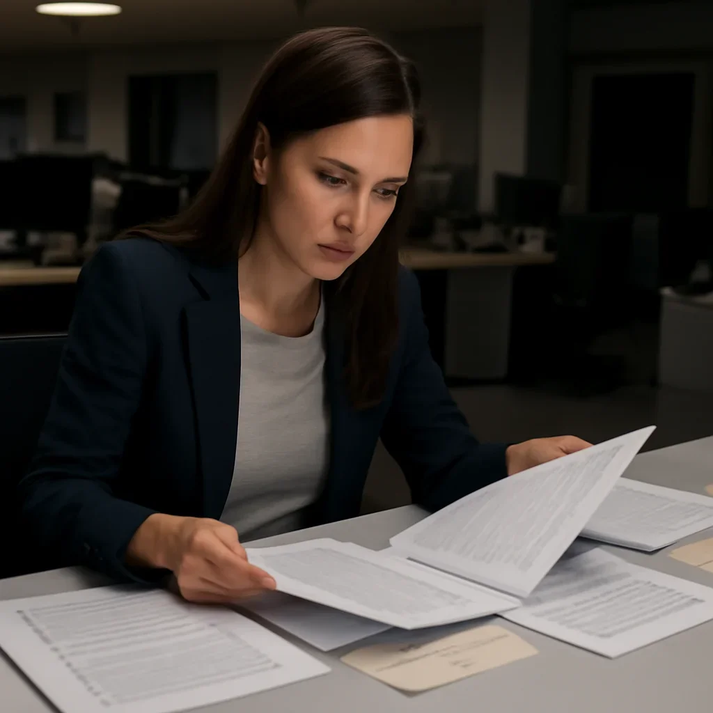 Reporter reviewing source material and timeline notes related to why some war crimes cases move so slowly