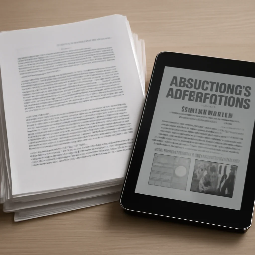 Stack of printed briefings and a tablet displaying archival notes for abductions & deportations