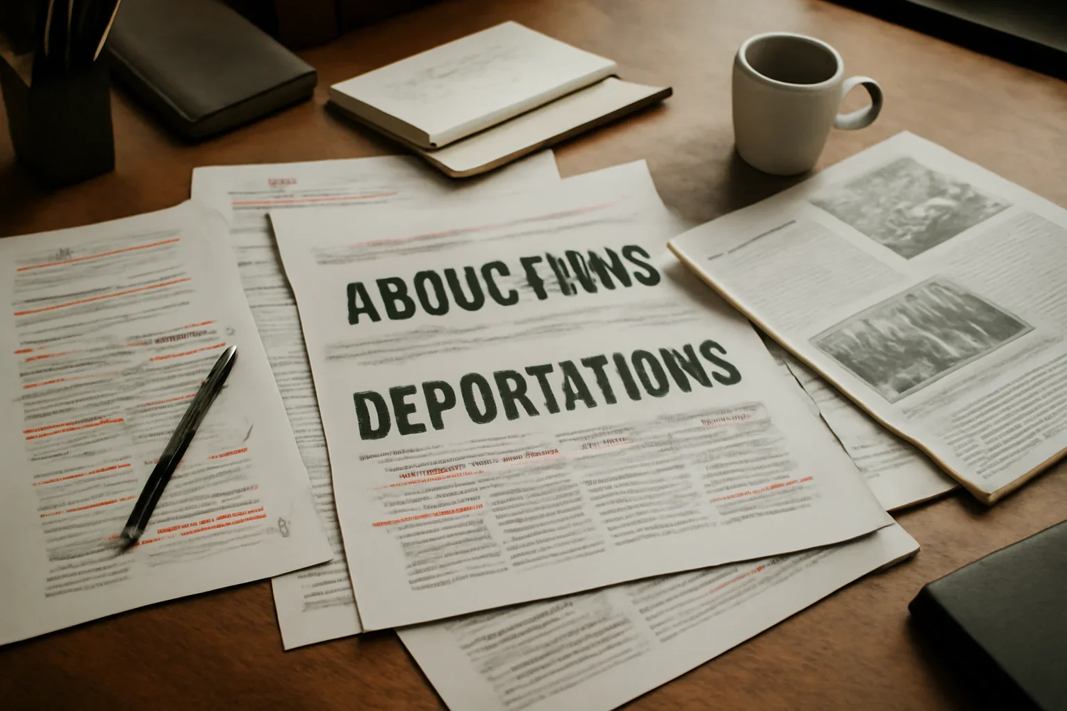 Editorial workspace with annotated documents and newspapers prepared for abductions & deportations
