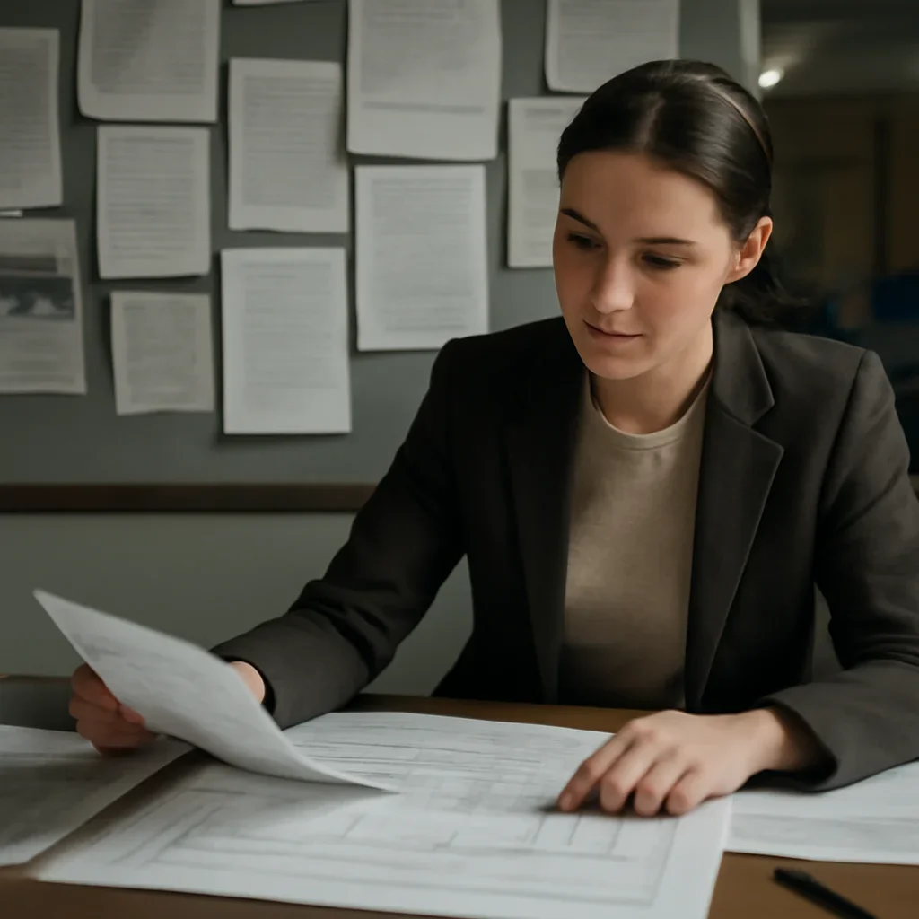 Reporter reviewing source material and timeline notes related to abductions & deportations