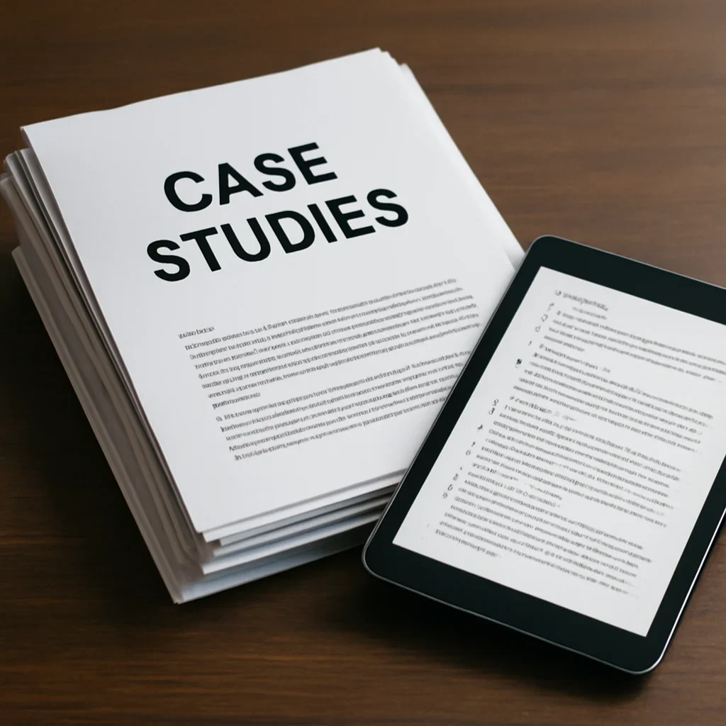 Stack of printed briefings and a tablet displaying archival notes for case studies