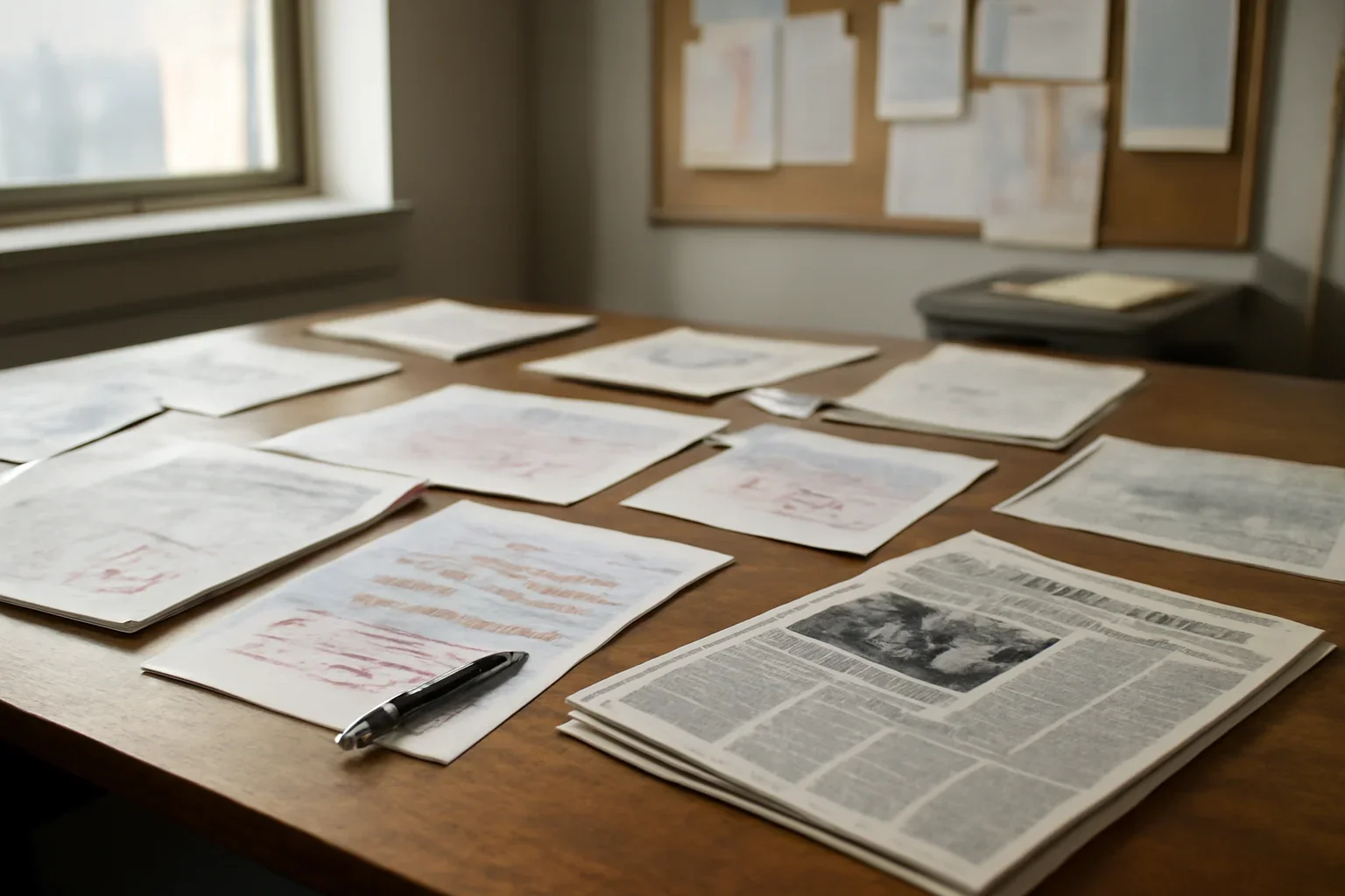 Editorial workspace with annotated documents and newspapers prepared for case studies