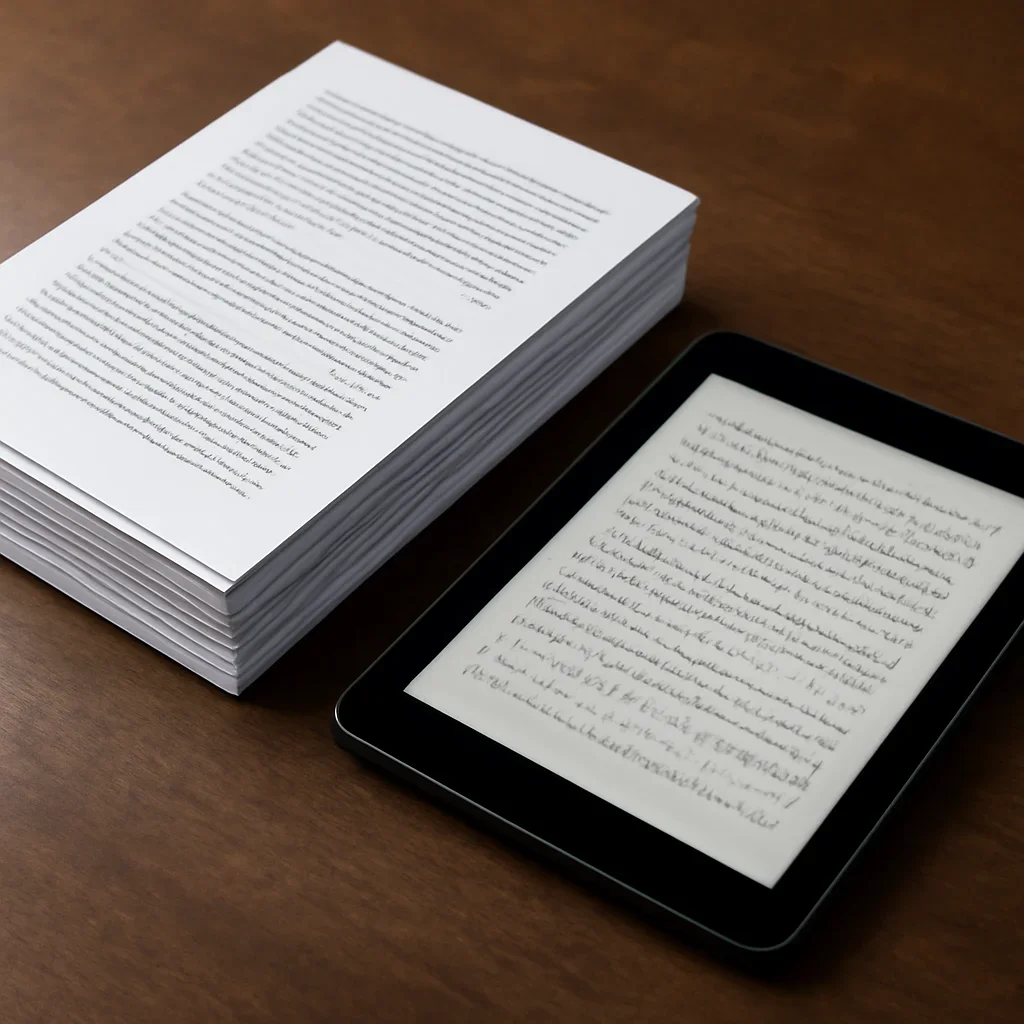 Stack of printed briefings and a tablet displaying archival notes for icc case summaries