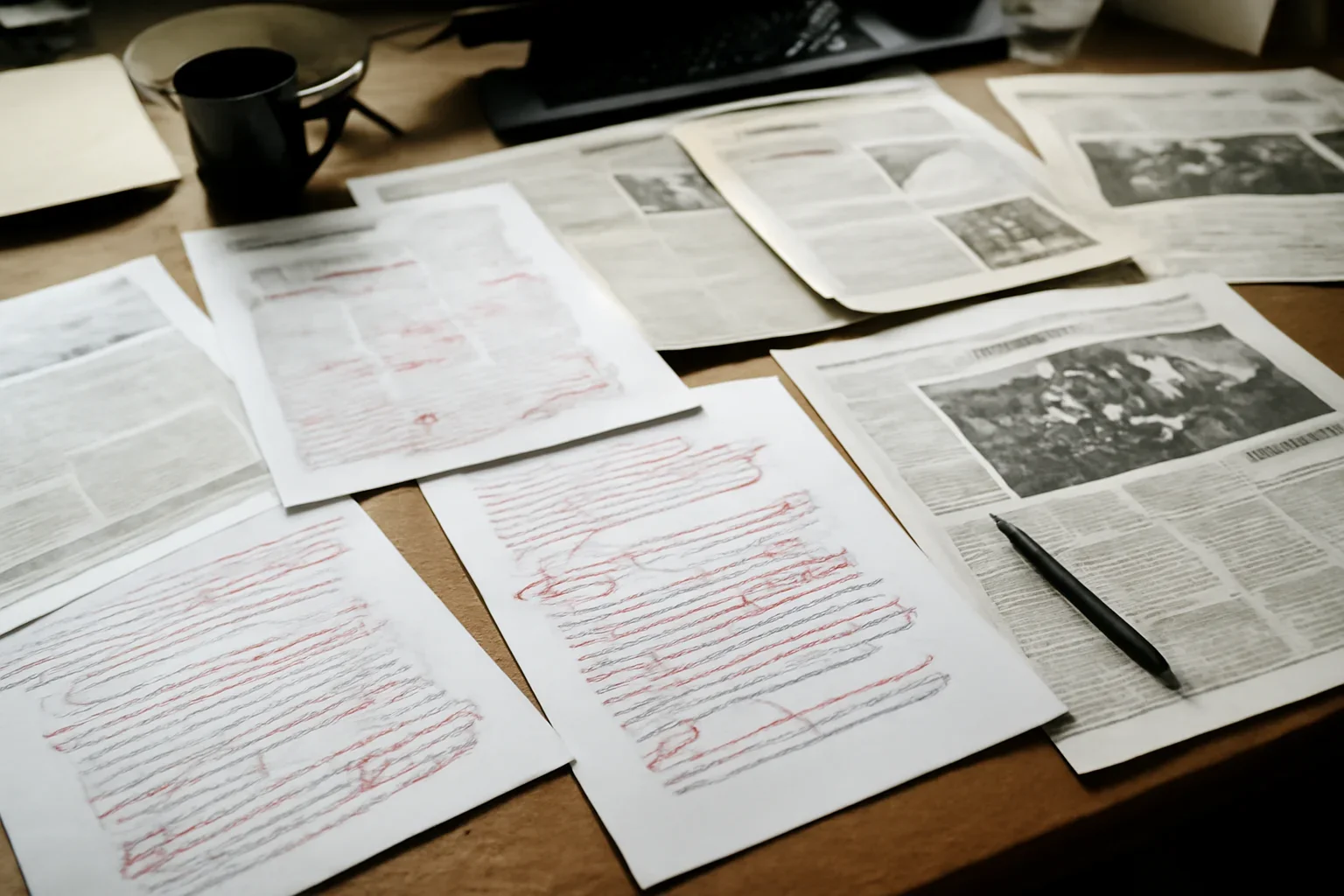 Editorial workspace with annotated documents and newspapers prepared for icc case summaries