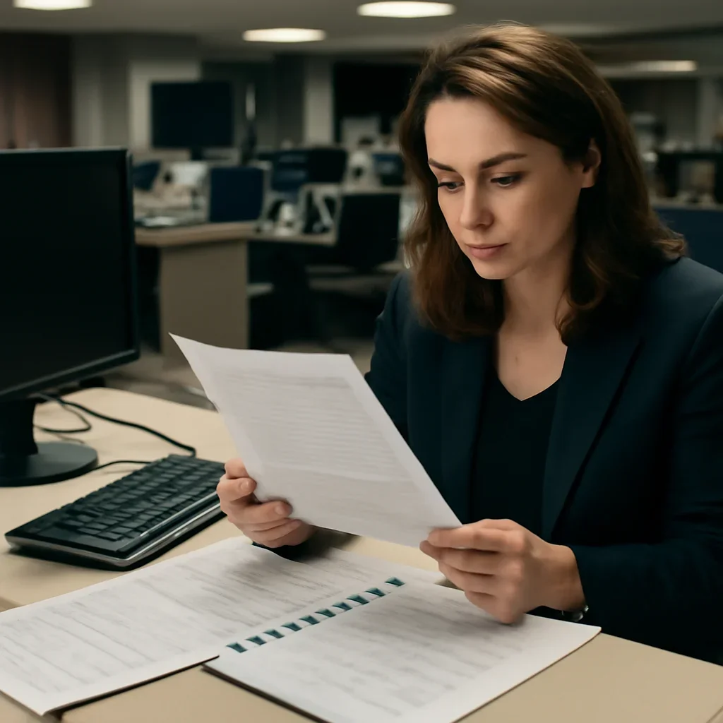 Reporter reviewing source material and timeline notes related to icc case summaries