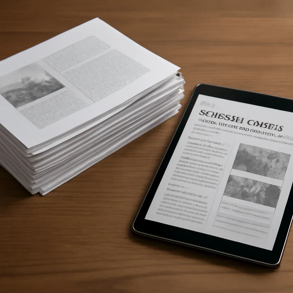 Stack of printed briefings and a tablet displaying archival notes for open-source investigations