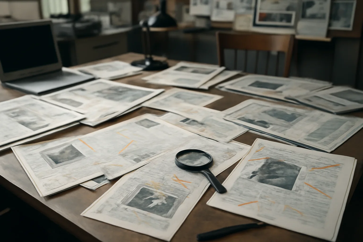 Editorial workspace with annotated documents and newspapers prepared for open-source investigations