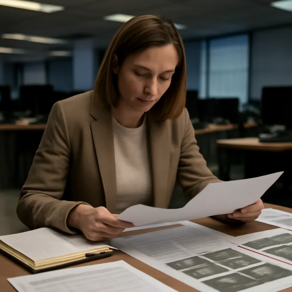 Reporter reviewing source material and timeline notes related to open-source investigations