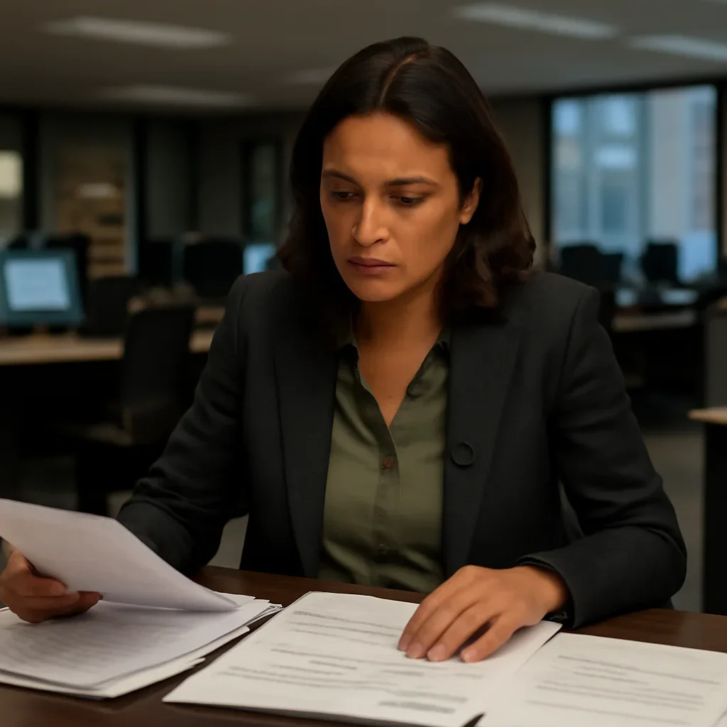 Reporter reviewing source material and timeline notes related to case studies