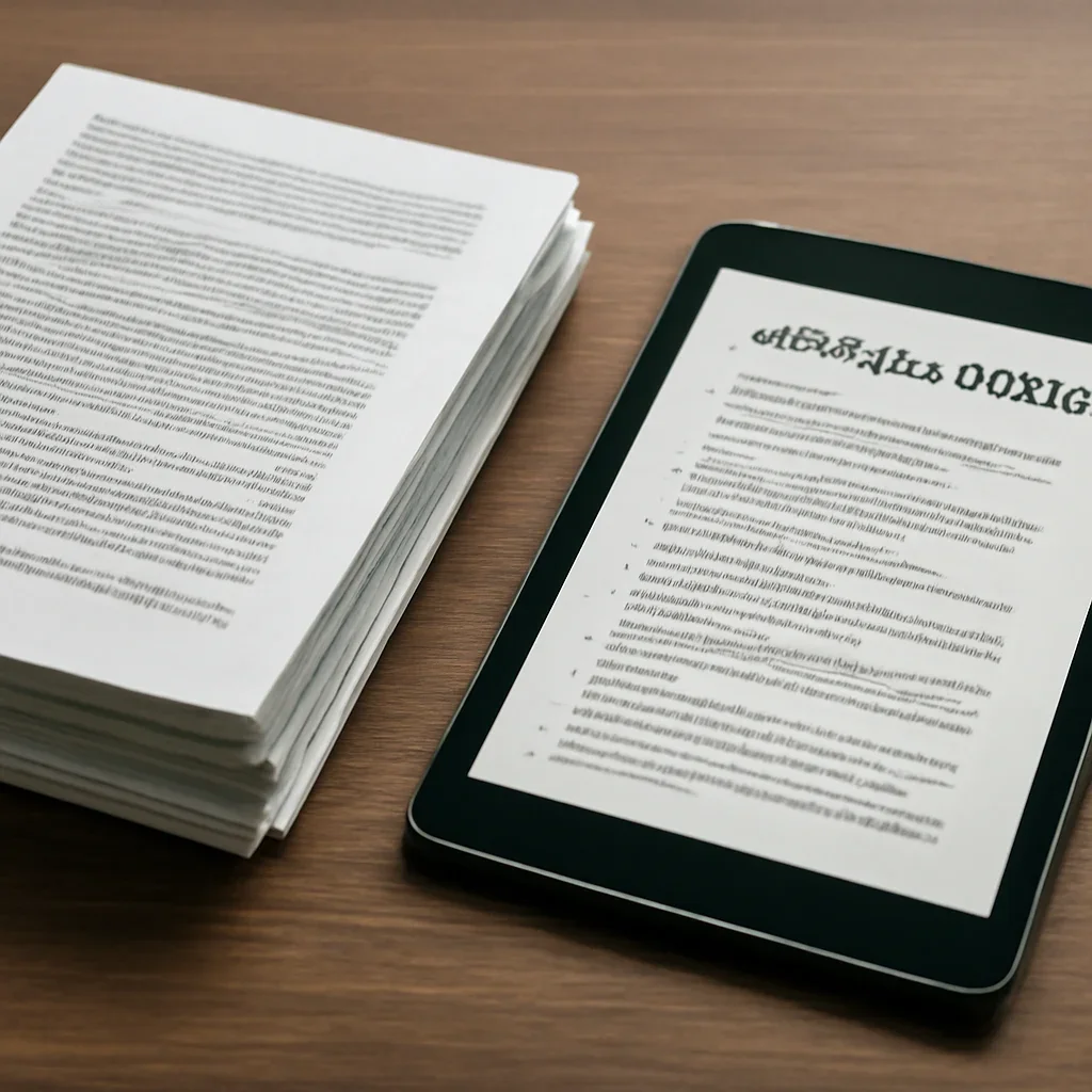 Stack of printed briefings and a tablet displaying archival notes for universal jurisdiction cases