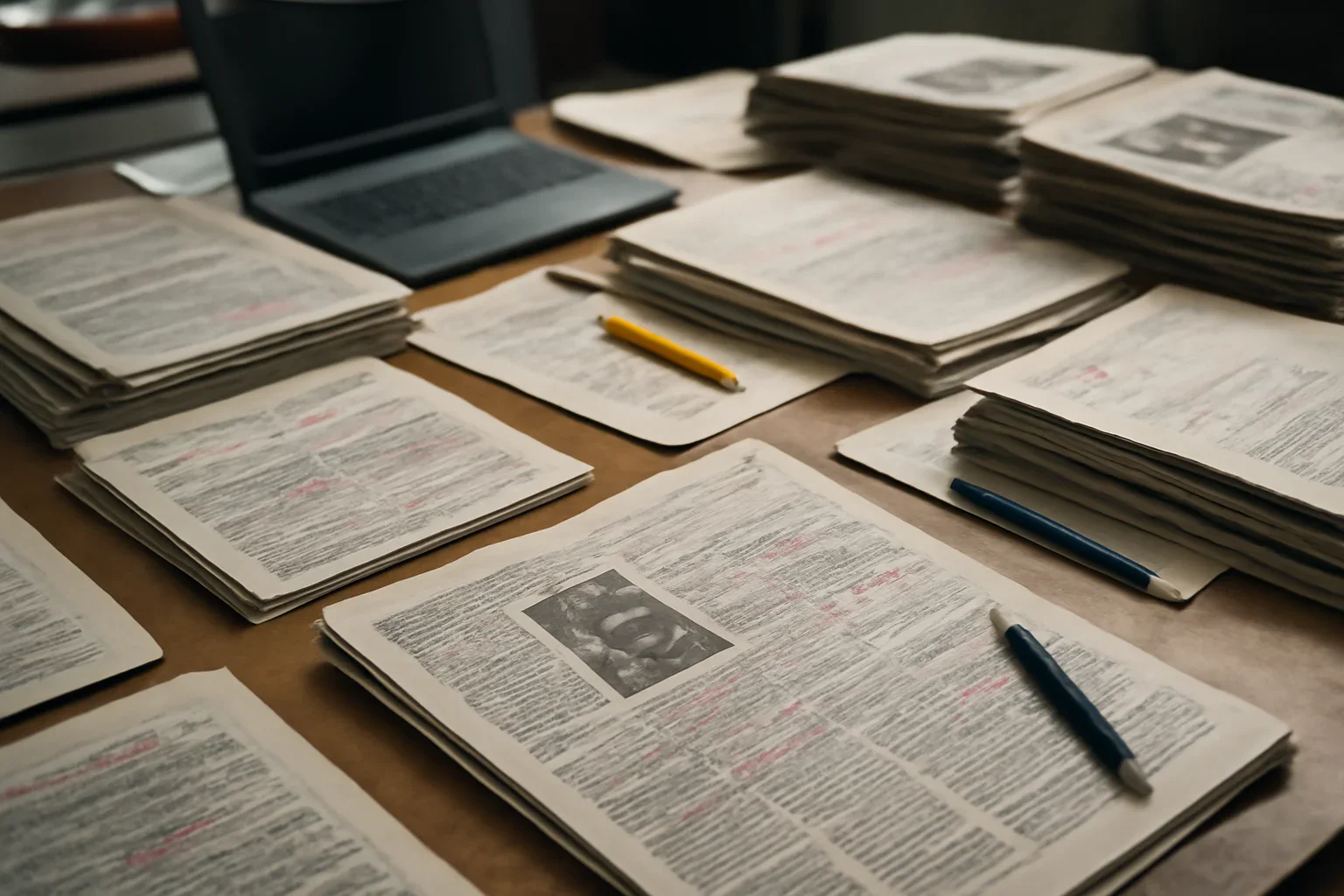 Editorial workspace with annotated documents and newspapers prepared for universal jurisdiction cases