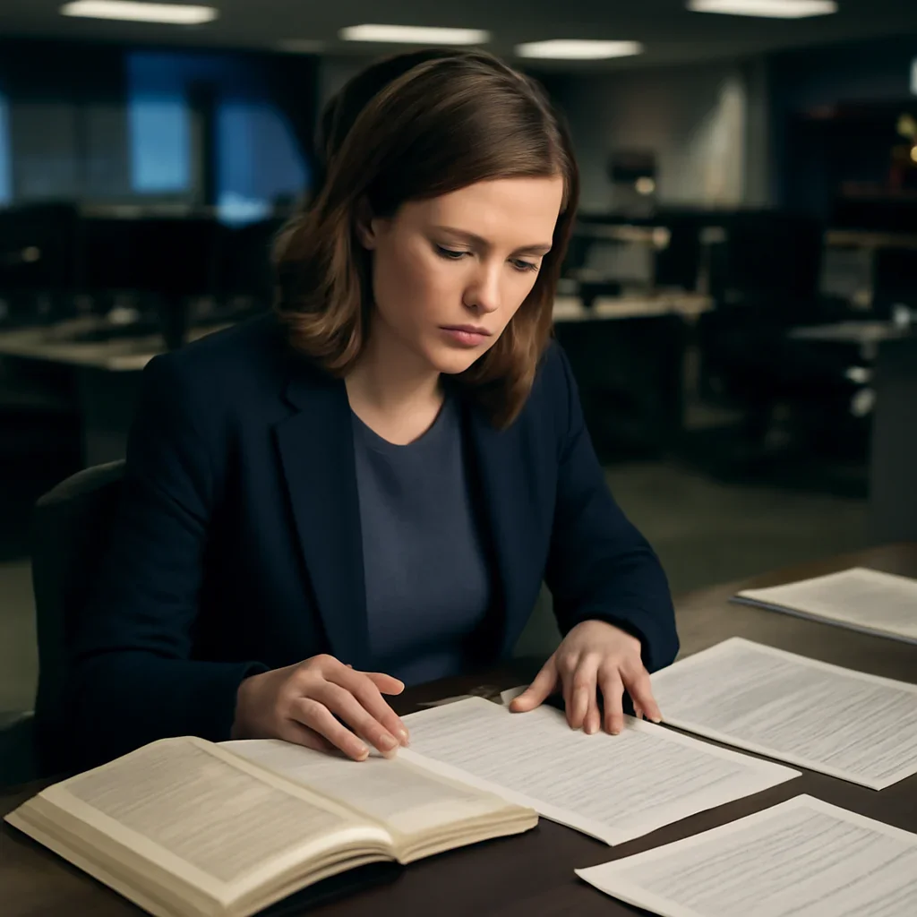 Reporter reviewing source material and timeline notes related to universal jurisdiction cases