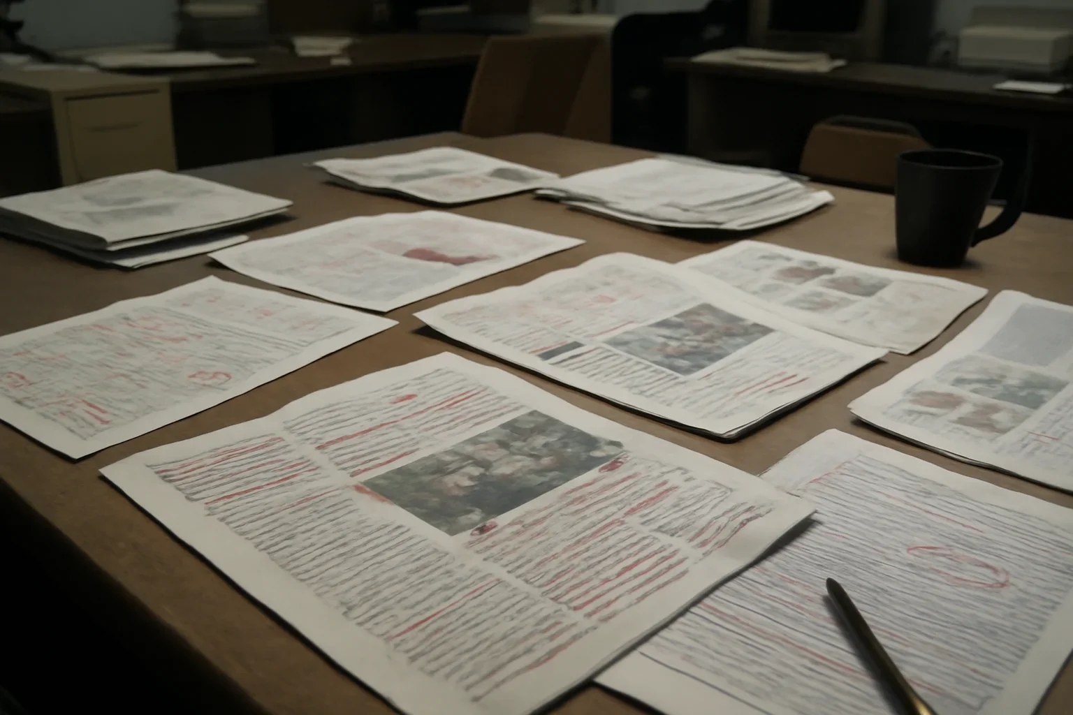 Editorial workspace with annotated documents and newspapers prepared for command responsibility