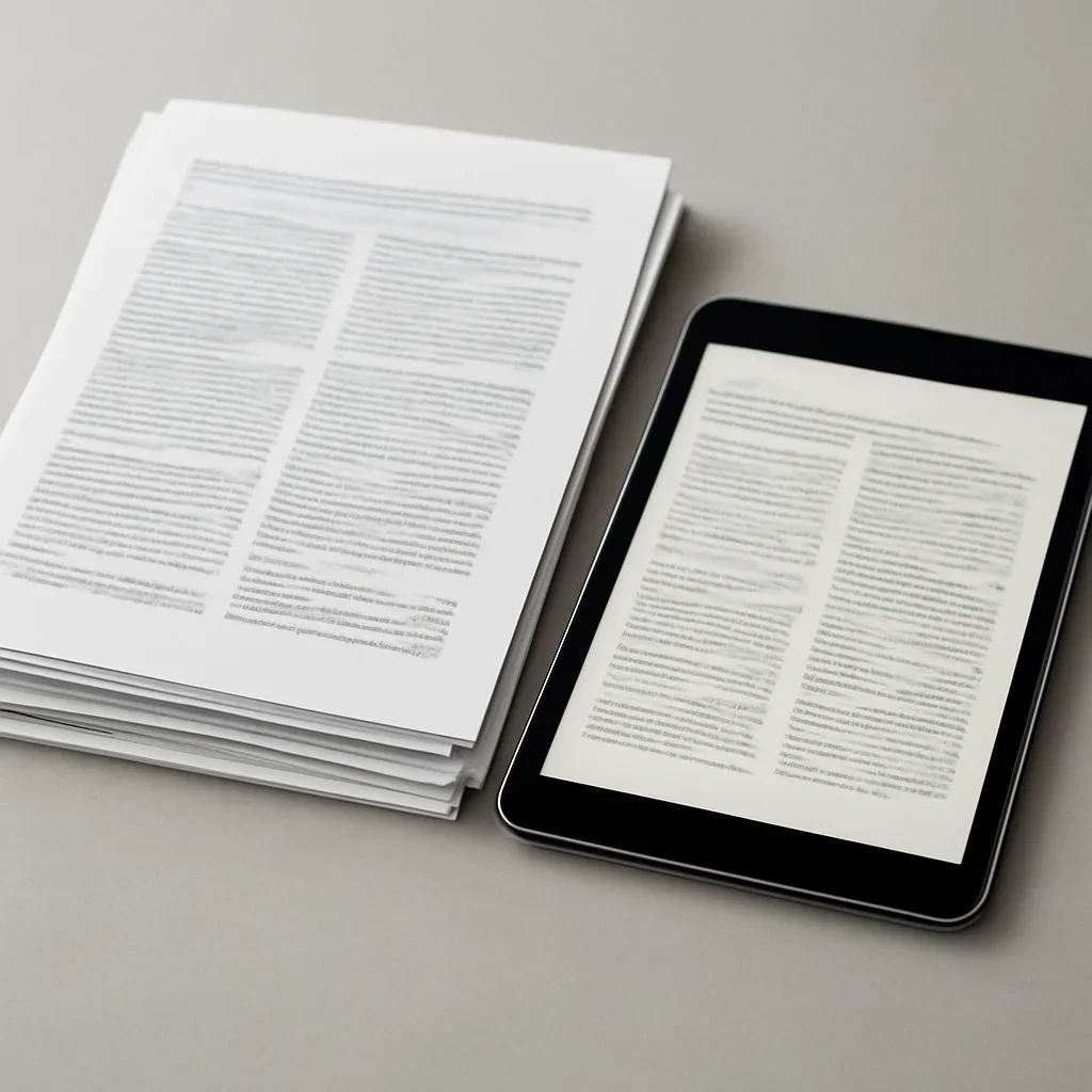 Stack of printed briefings and a tablet displaying archival notes for side-by-side comparisons of courts and international crime concepts
