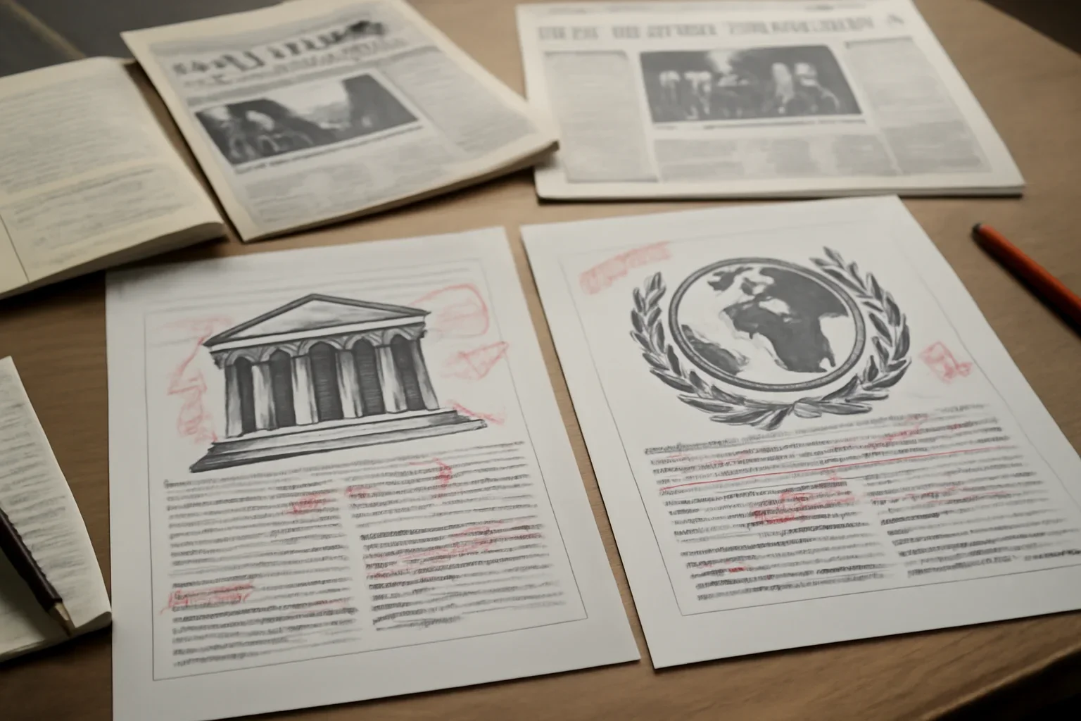 Editorial workspace with annotated documents and newspapers prepared for side-by-side comparisons of courts and international crime concepts