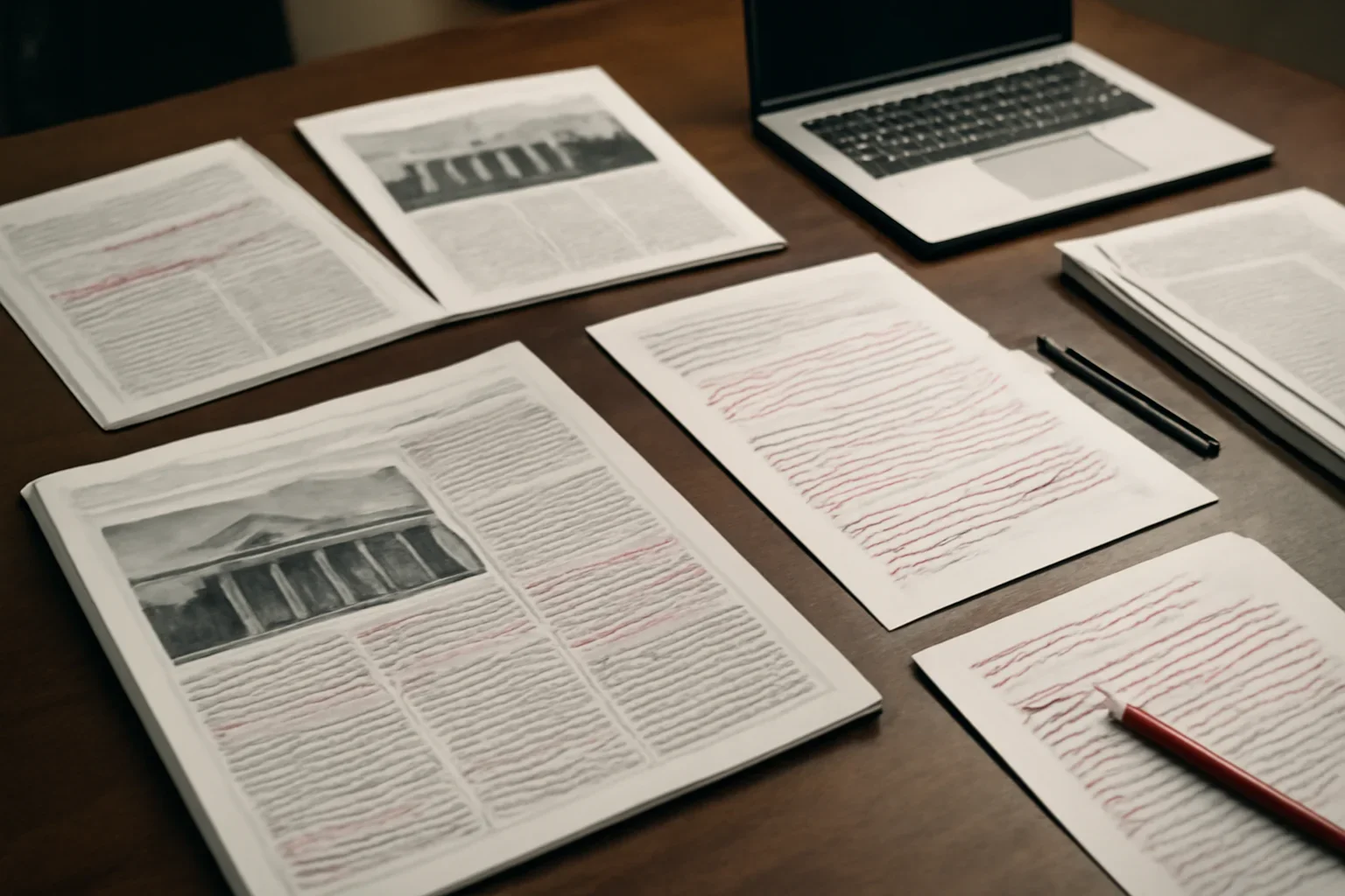 Editorial workspace with annotated documents and newspapers prepared for icc vs icj