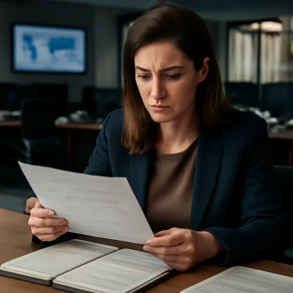 Reporter reviewing source material and timeline notes related to icc vs icj