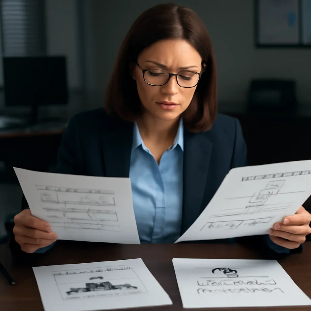 Reporter reviewing source material and timeline notes related to side-by-side comparisons of courts and international crime concepts