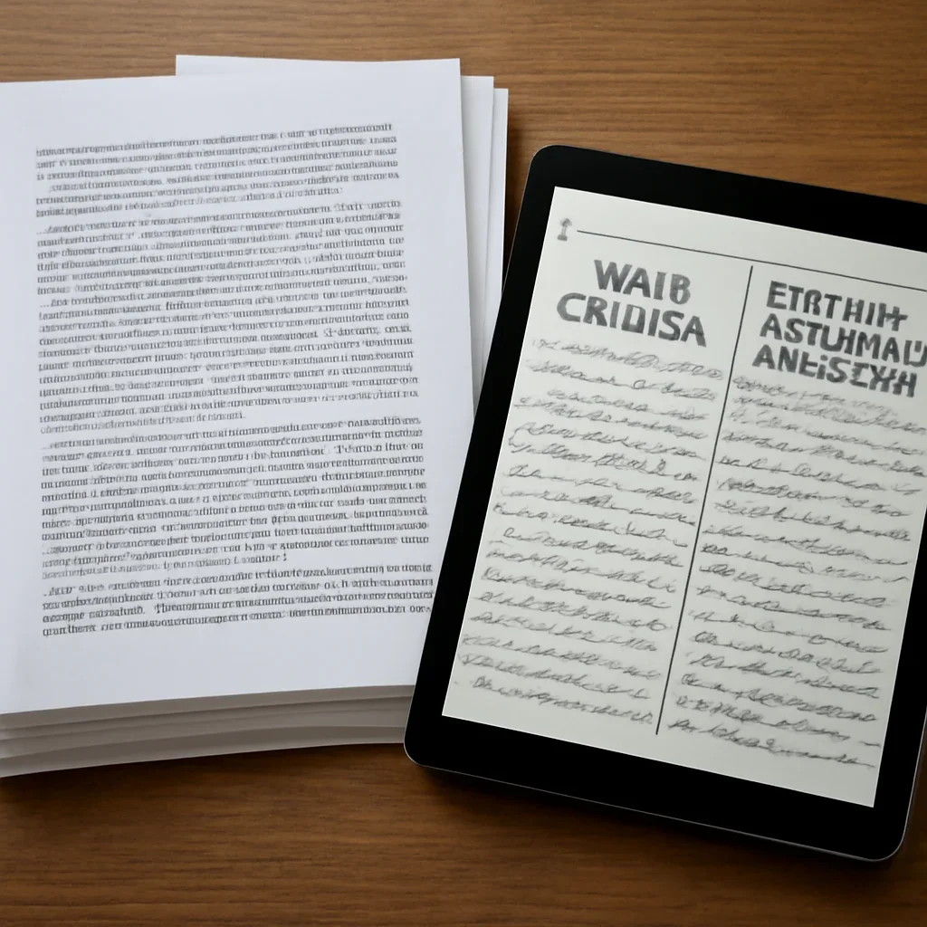 Stack of printed briefings and a tablet displaying archival notes for war crimes vs crimes against humanity