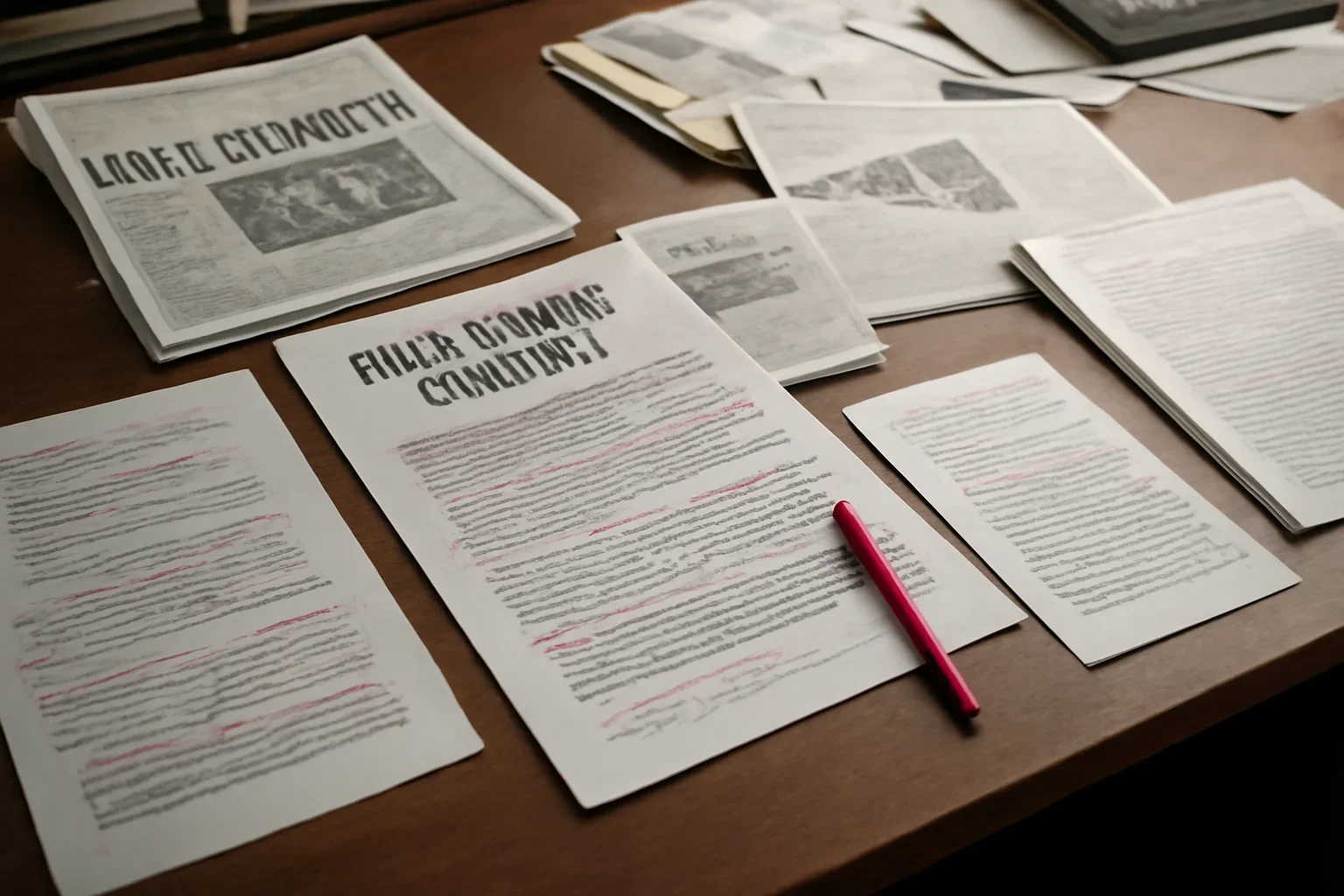 Editorial workspace with annotated documents and newspapers prepared for war crimes vs crimes against humanity