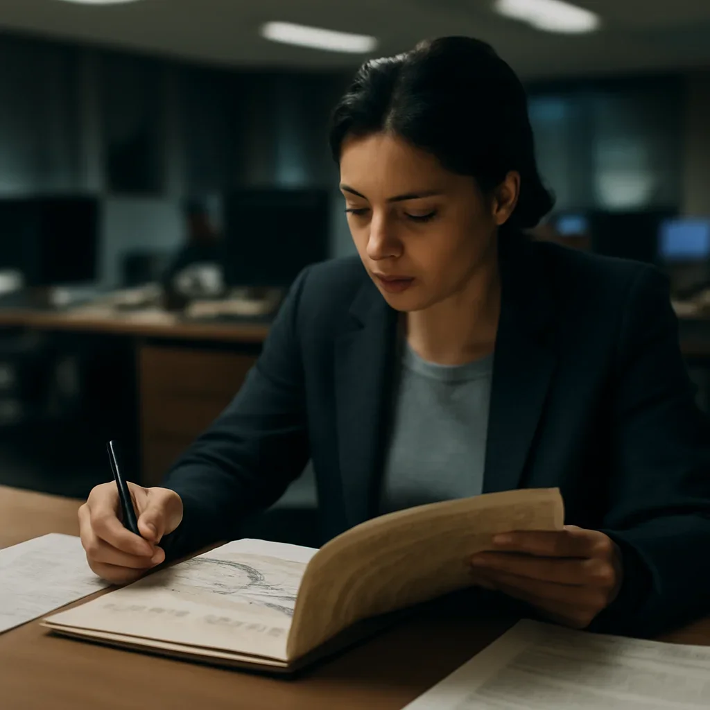 Reporter reviewing source material and timeline notes related to war crimes vs crimes against humanity