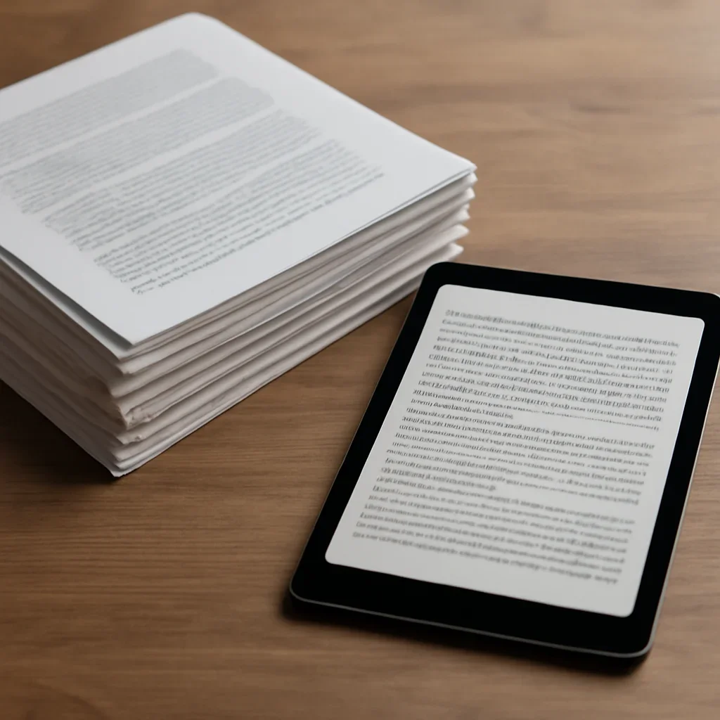 Stack of printed briefings and a tablet displaying archival notes for war crimes vs genocide
