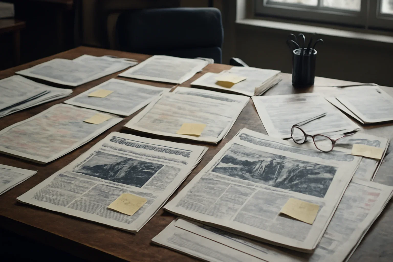 Editorial workspace with annotated documents and newspapers prepared for war crimes vs genocide