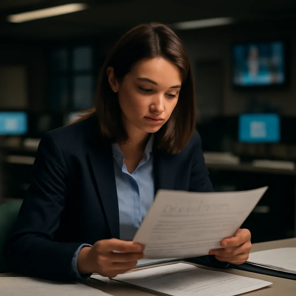 Reporter reviewing source material and timeline notes related to war crimes vs genocide