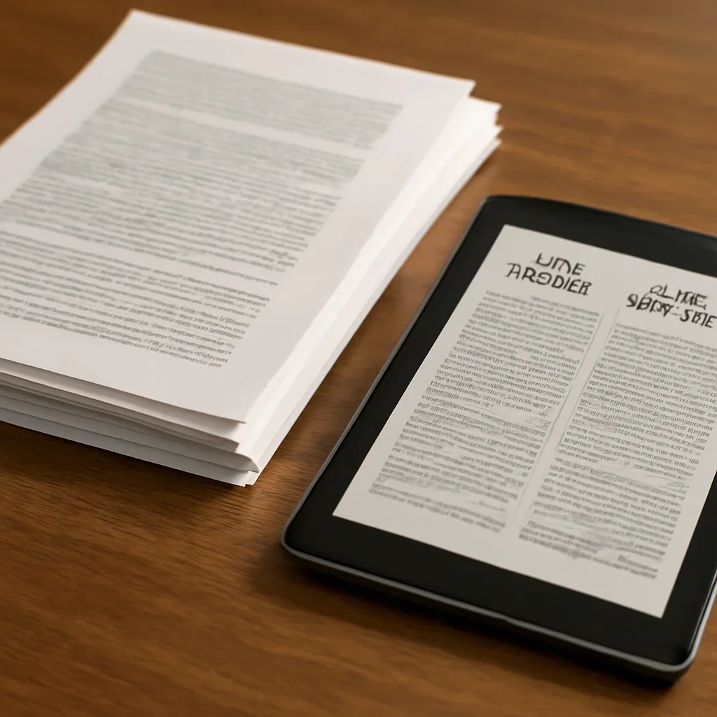 Stack of printed briefings and a tablet displaying archival notes for war crimes vs human rights violations