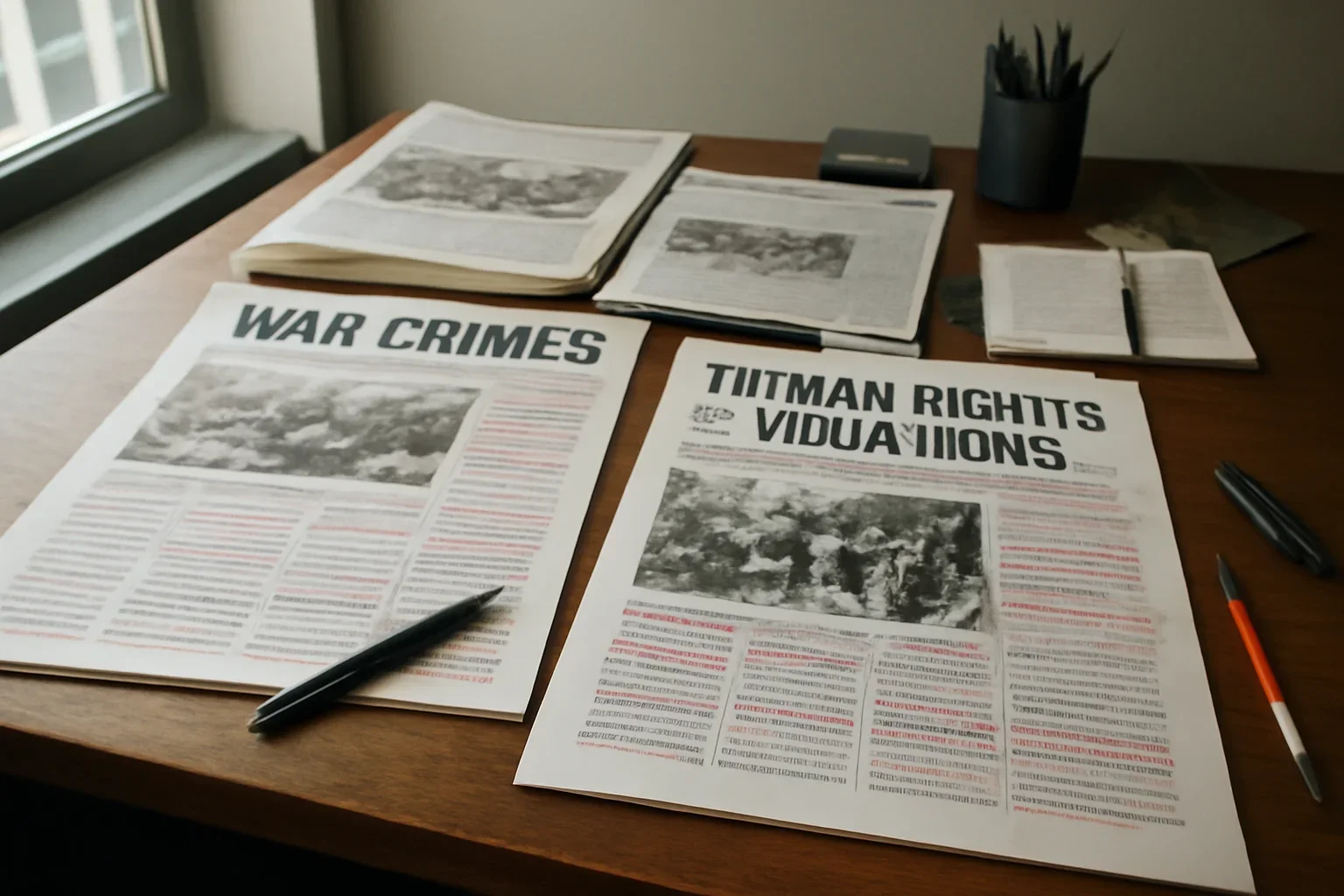 Editorial workspace with annotated documents and newspapers prepared for war crimes vs human rights violations