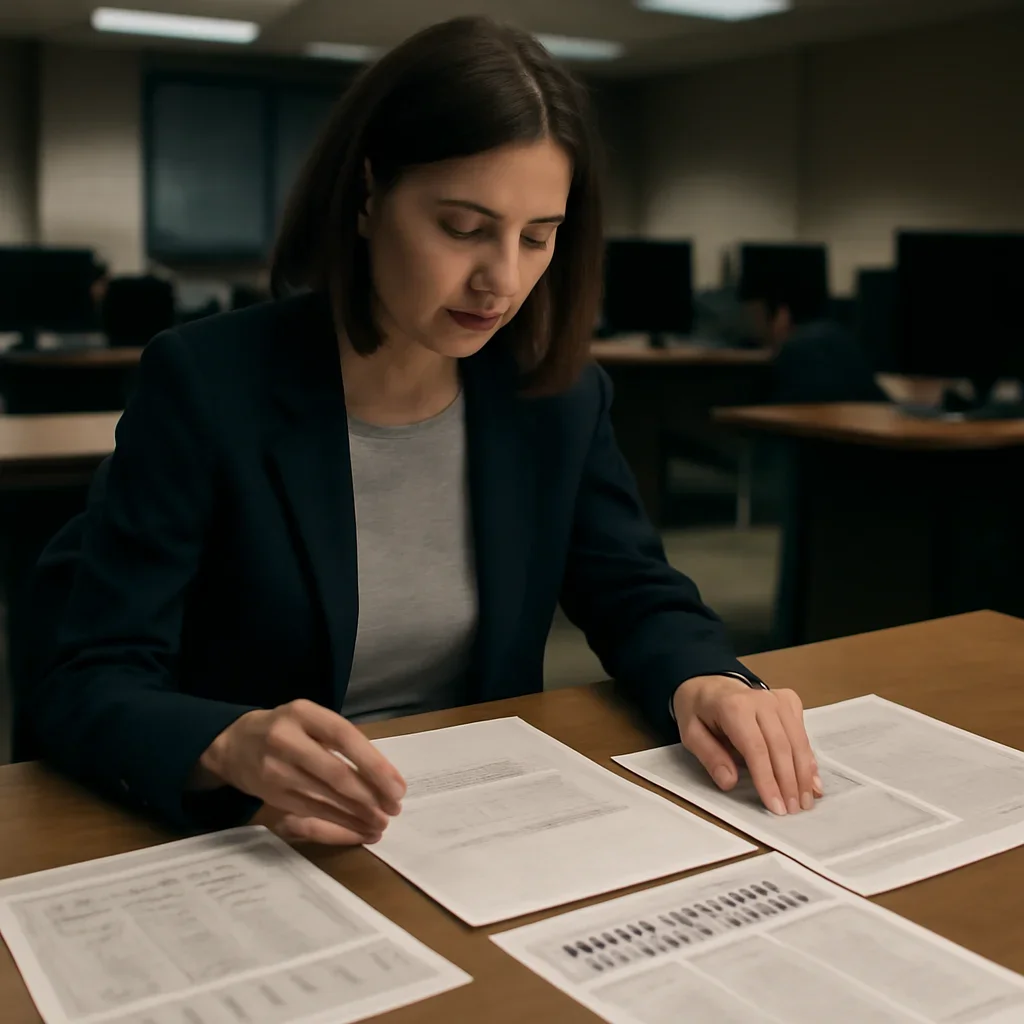 Reporter reviewing source material and timeline notes related to war crimes vs human rights violations