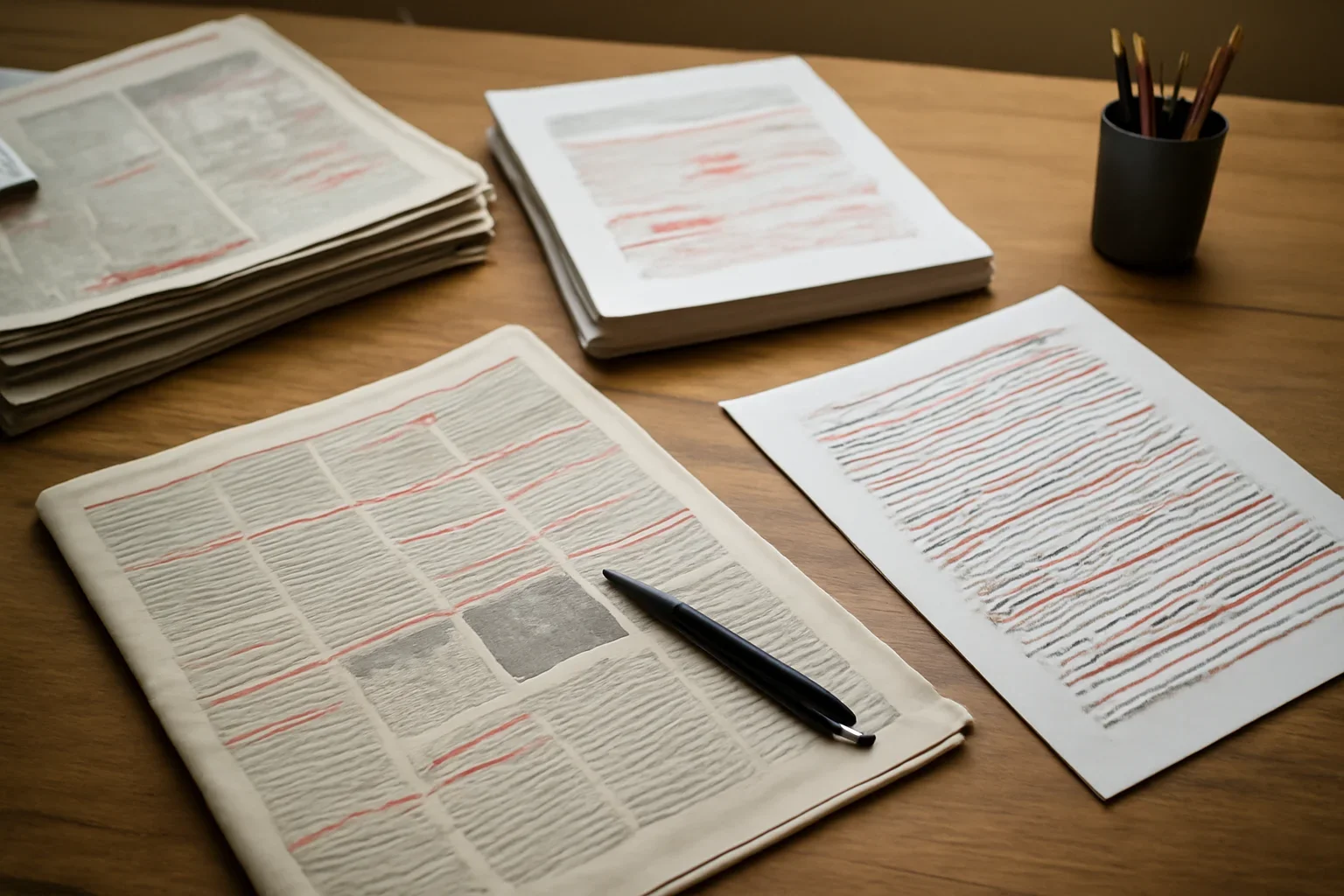 Editorial workspace with annotated documents and newspapers prepared for editorial contacts, tips, and corrections requests