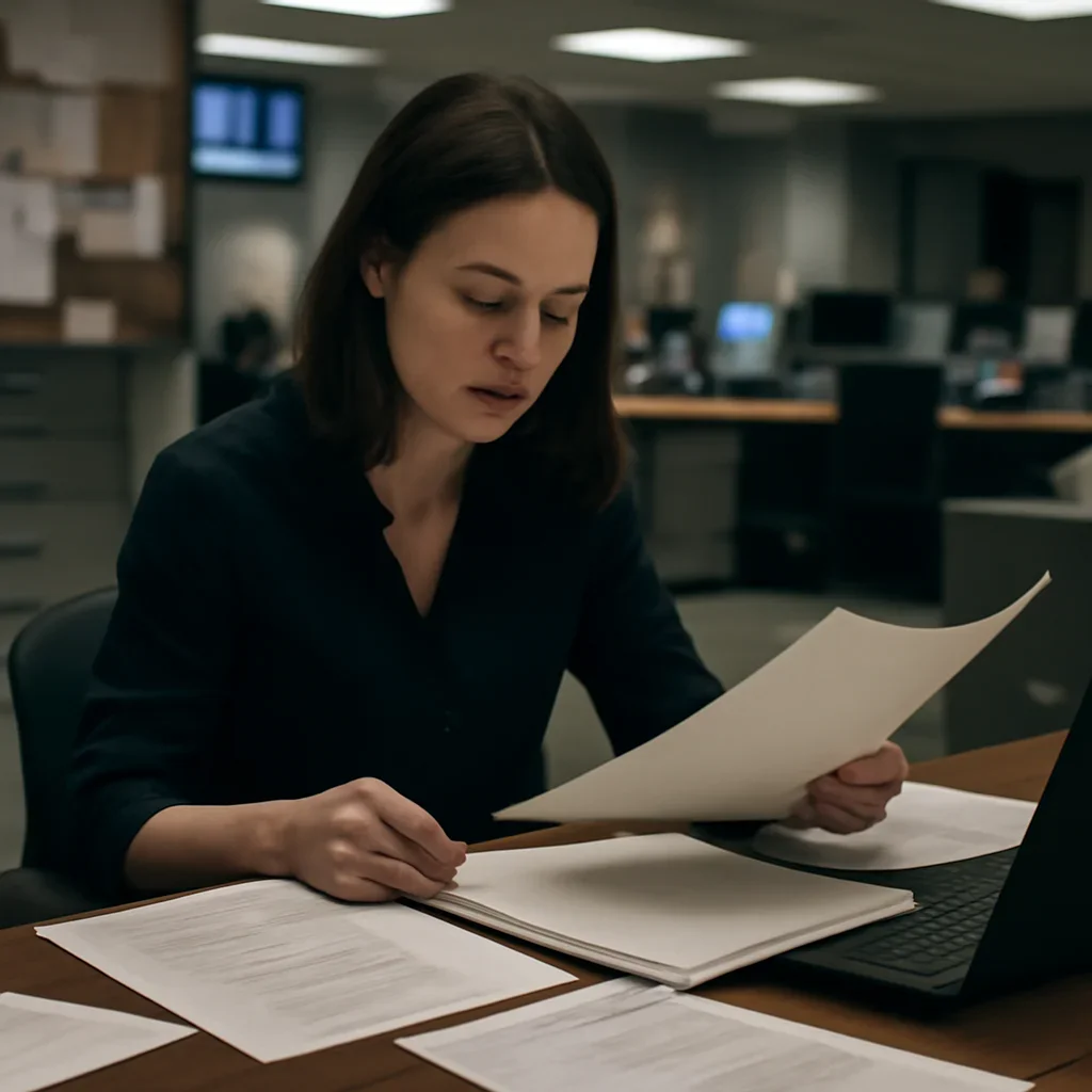 Reporter reviewing source material and timeline notes related to editorial contacts, tips, and corrections requests