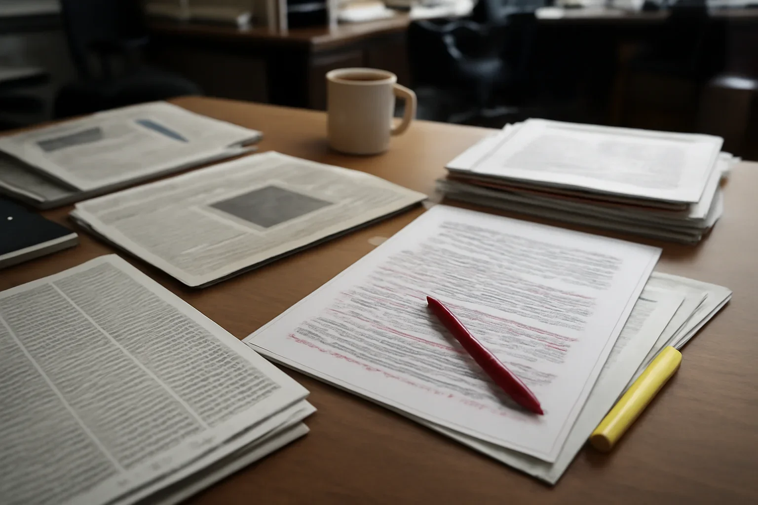 Editorial workspace with annotated documents and newspapers prepared for corrections policy
