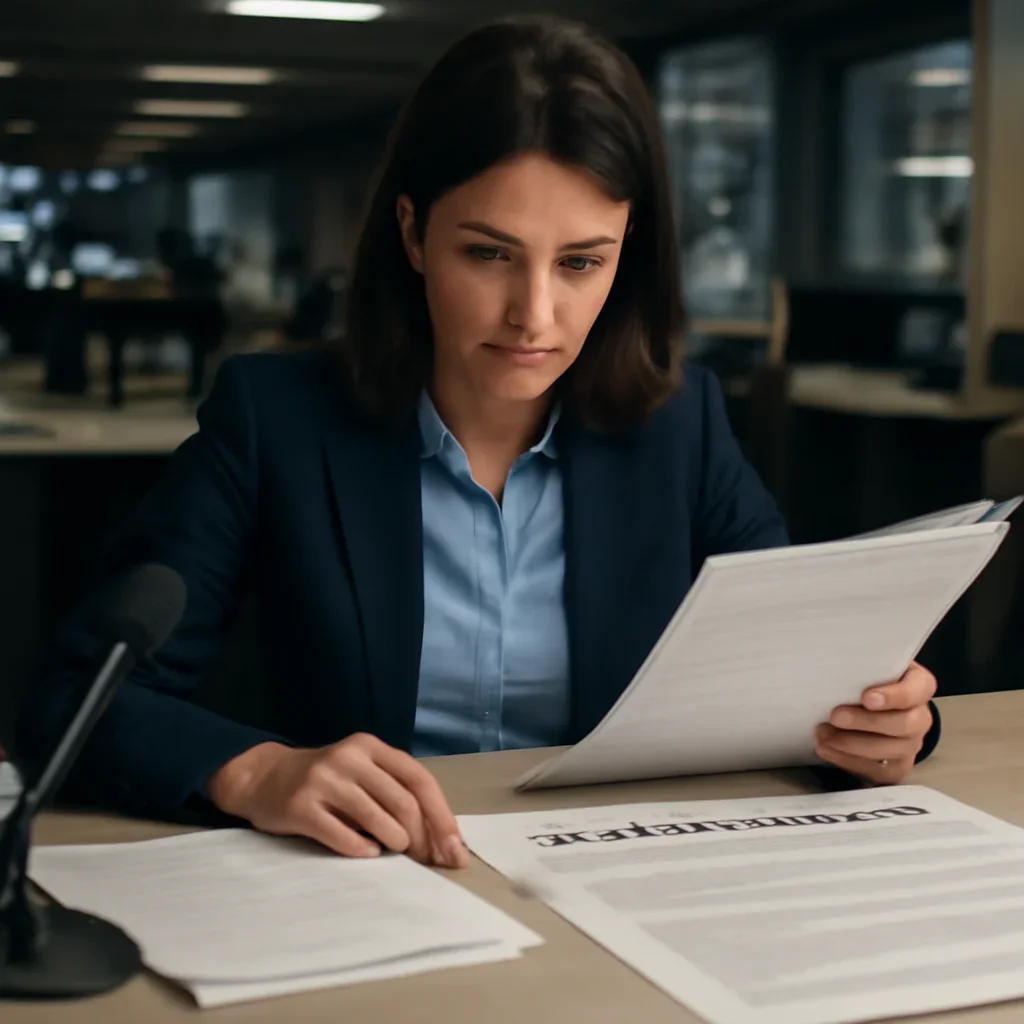 Reporter reviewing source material and timeline notes related to corrections policy