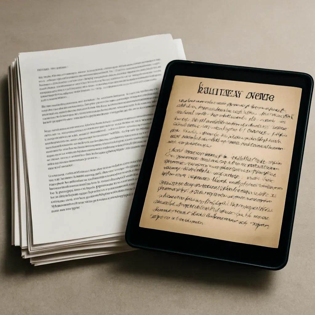 Stack of printed briefings and a tablet displaying archival notes for afghanistan war crimes