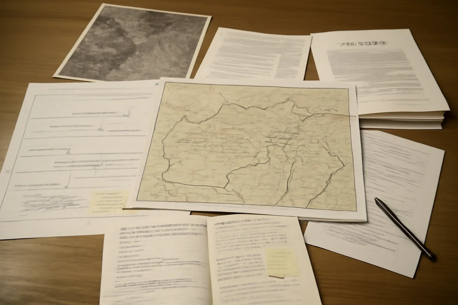Desk with maps, court filings, and annotated timeline notes for Afghanistan War Crimes accountability coverage
