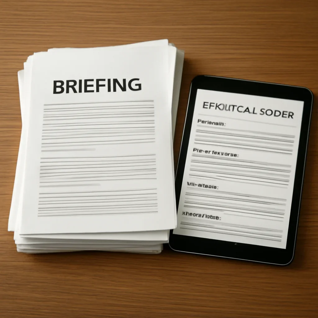 Stack of printed briefings and a tablet displaying archival notes for country and conflict dossiers covering allegations, courts, and evidence