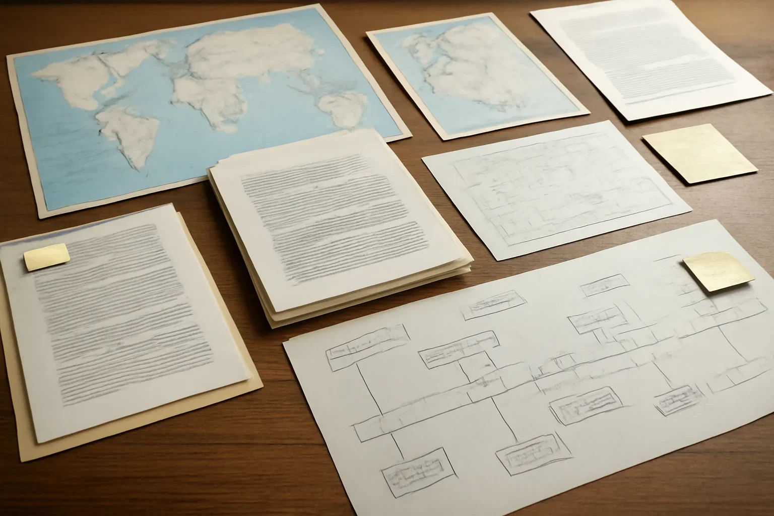 Desk with maps, court filings, and annotated timeline notes for Countries accountability coverage