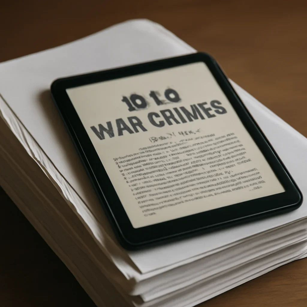 Stack of printed briefings and a tablet displaying archival notes for iraq war crimes
