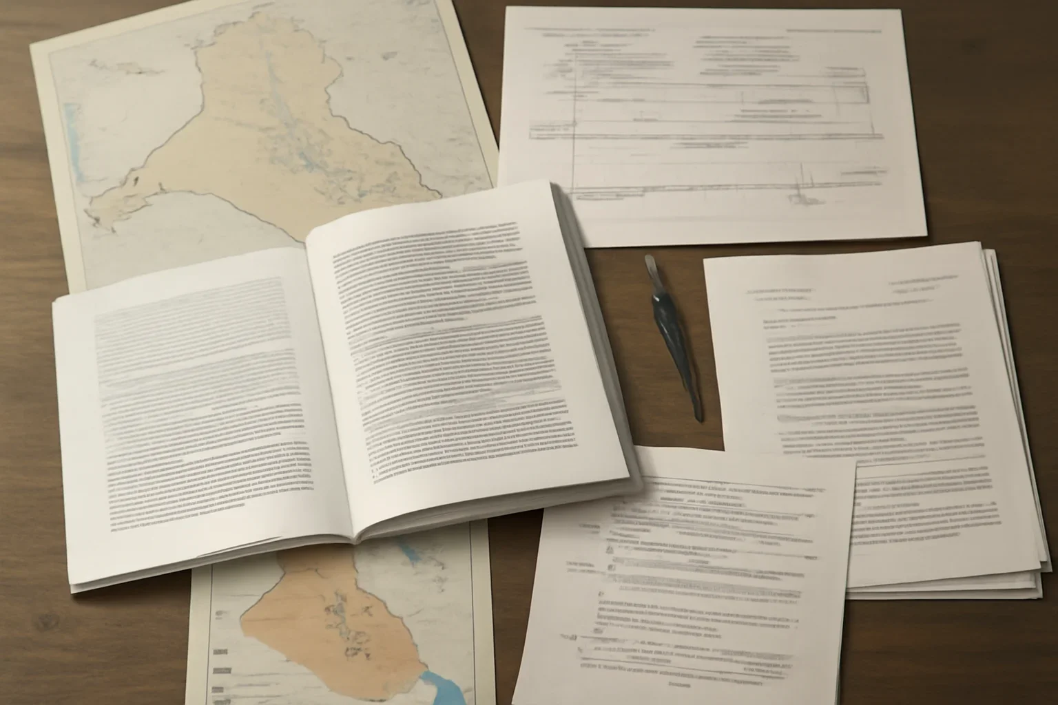 Desk with maps, court filings, and annotated timeline notes for Iraq War Crimes accountability coverage