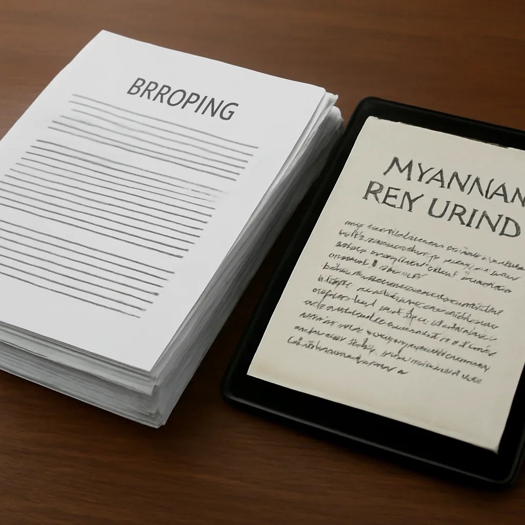 Stack of printed briefings and a tablet displaying archival notes for myanmar war crimes