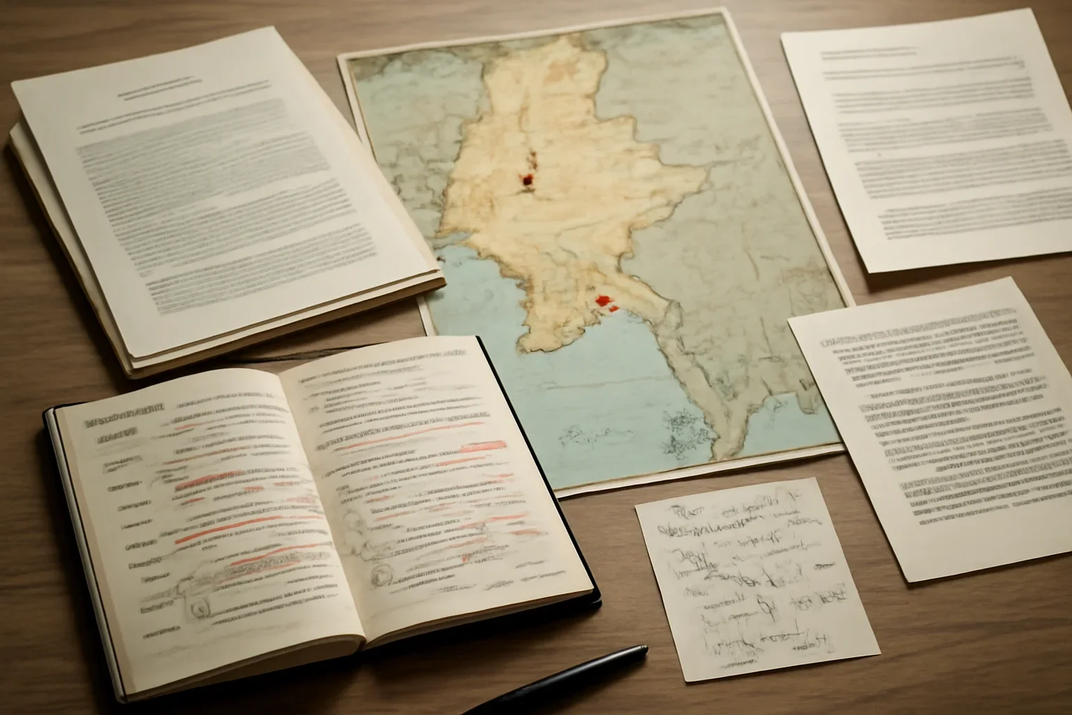 Desk with maps, court filings, and annotated timeline notes for Myanmar War Crimes accountability coverage