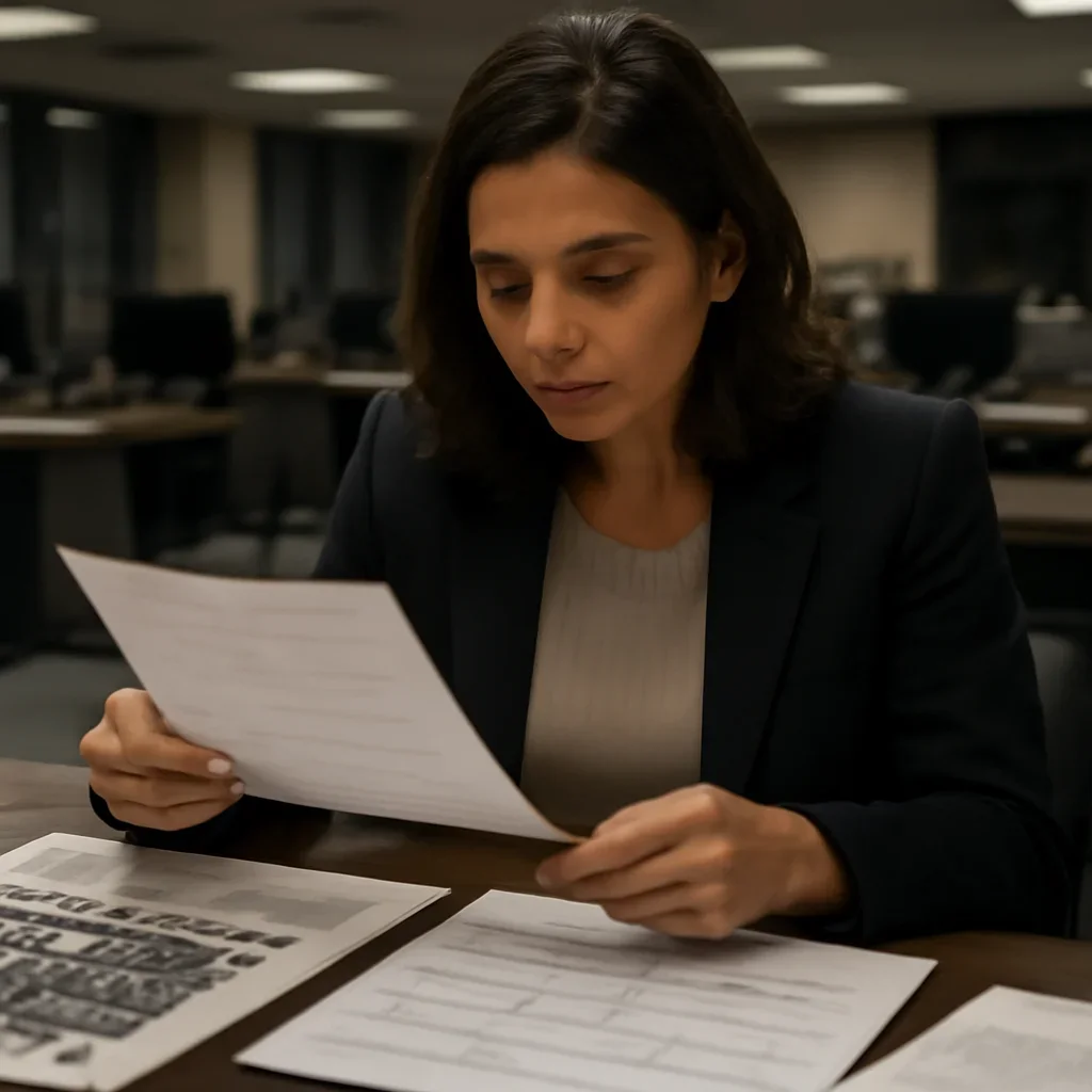 Reporter reviewing source material and timeline notes related to myanmar war crimes