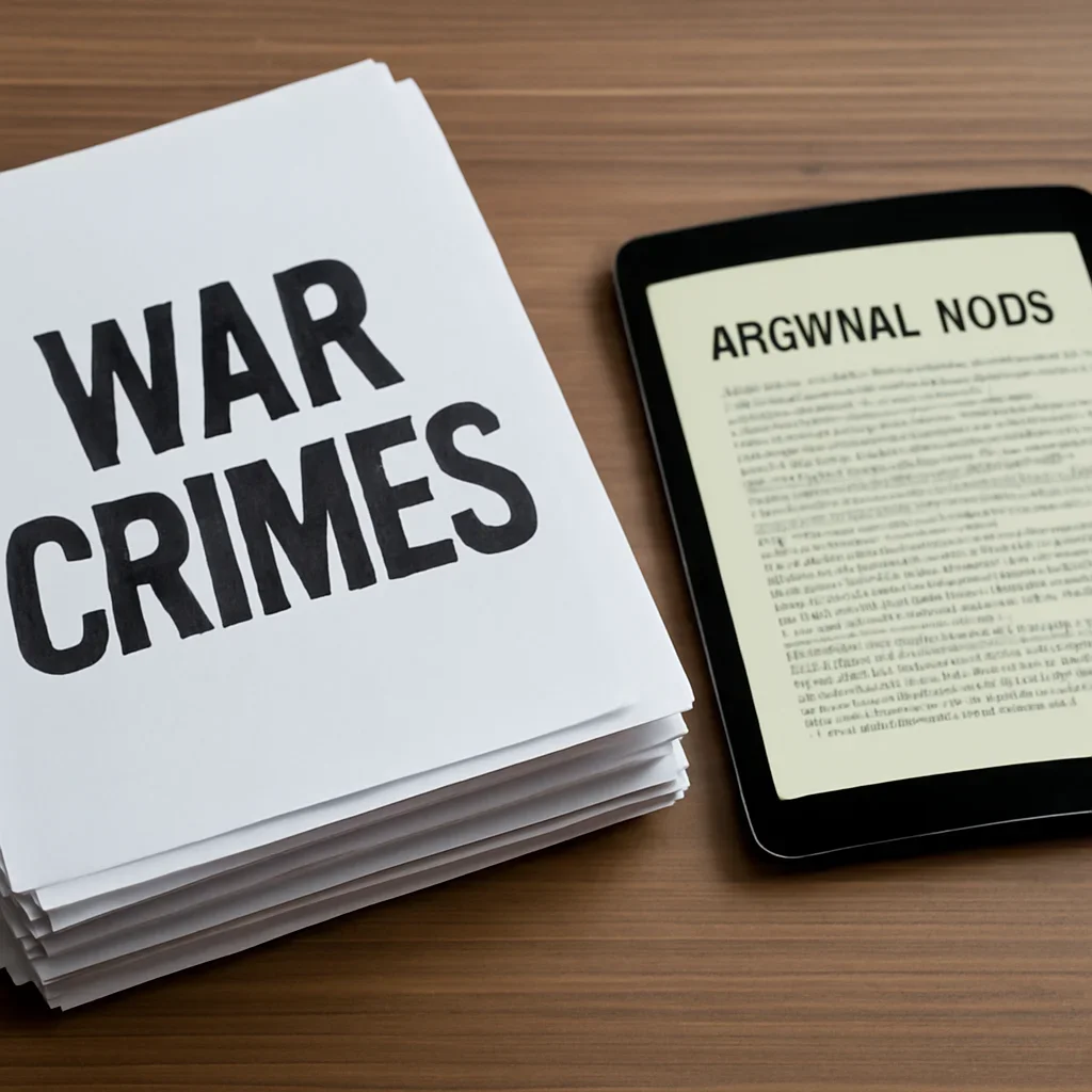 Stack of printed briefings and a tablet displaying archival notes for palestine war crimes