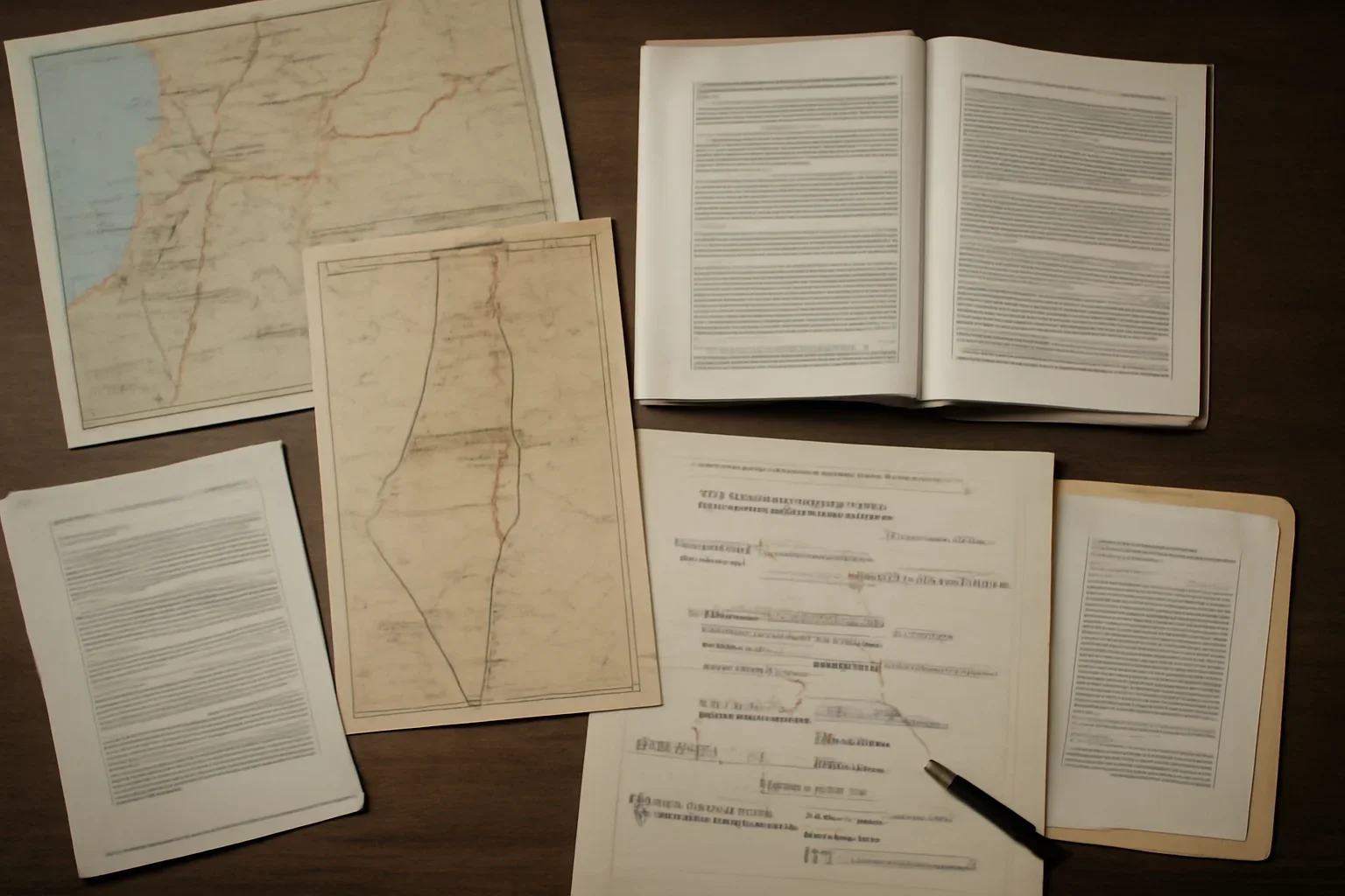 Desk with maps, court filings, and annotated timeline notes for Palestine War Crimes accountability coverage