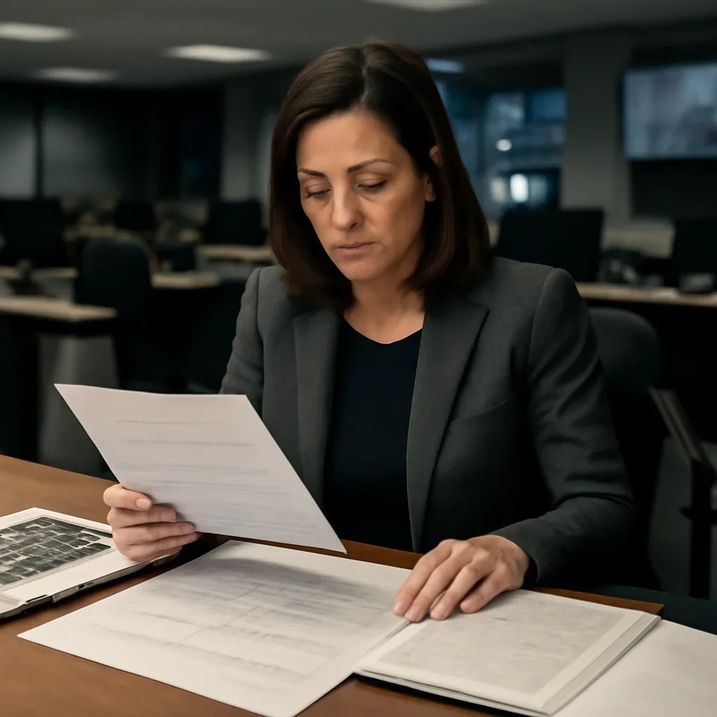 Reporter reviewing source material and timeline notes related to palestine war crimes