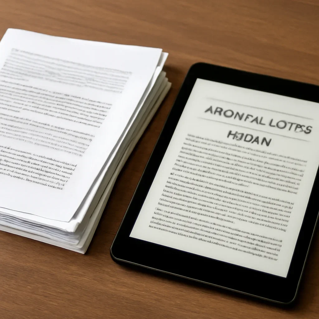 Stack of printed briefings and a tablet displaying archival notes for sudan war crimes