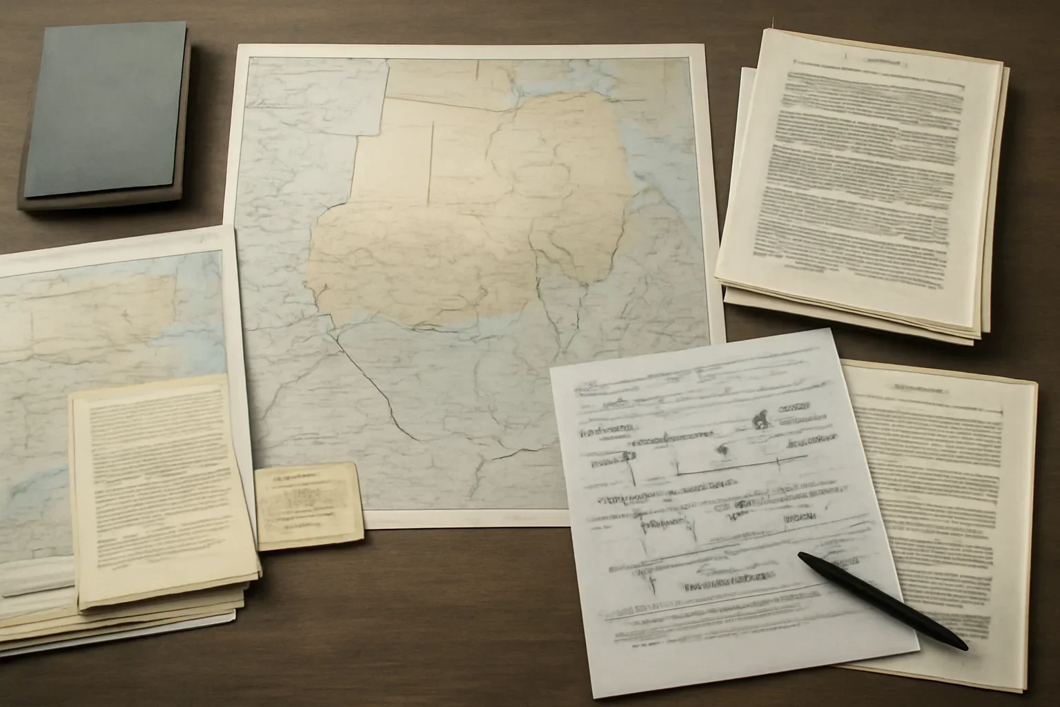 Desk with maps, court filings, and annotated timeline notes for Sudan War Crimes accountability coverage